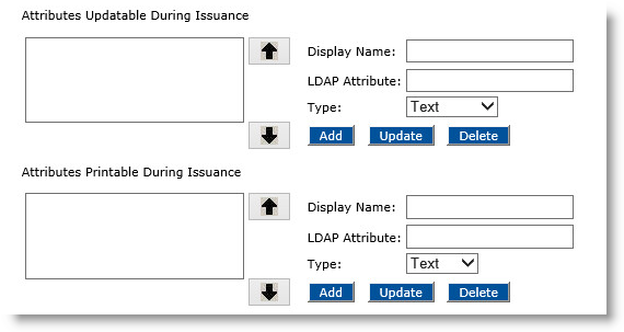 Section of Customization page for User Attributes with Attributes Updatabe During Issuance and Attributes Printable During Issuance
